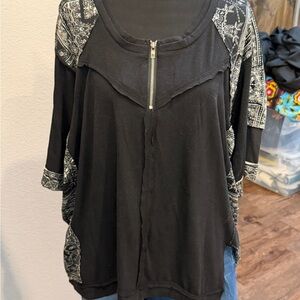Black Zip-Front Top with Bandana Trim